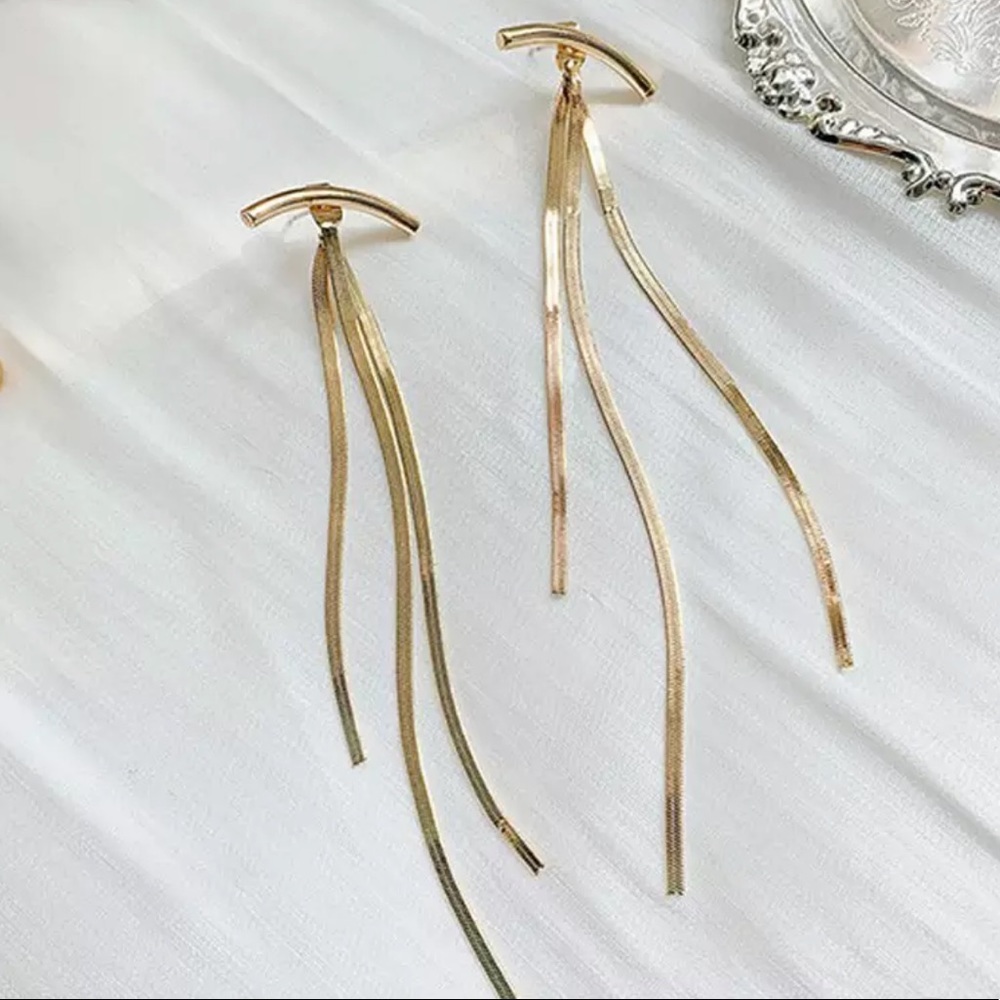 NEW 18K ROSE GOLD EARRINGS LONG TASSEL ARC EARRINGS - Picture 3 of 6